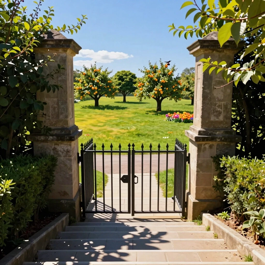 The staircase recedes into the distance, leading to a gate. Beyond the gate is a sunny meadow, blue sky, fruit trees, birds, and flowers. — работа пользователя Кристаллический…