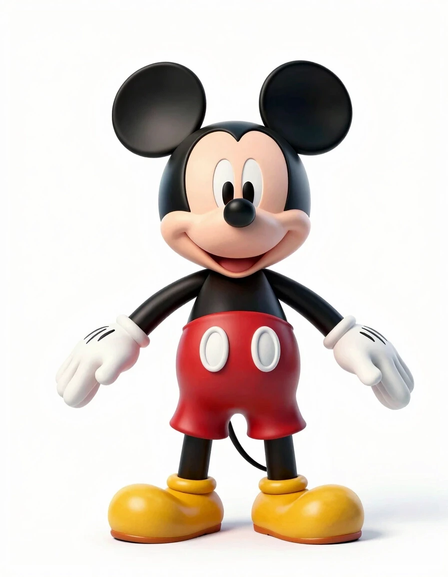 A full-length shot of the classic Mickey Mouse standing in a strict pose of the letter "T", legs shoulder-width apart, arms spread apart, on a pure white background,…