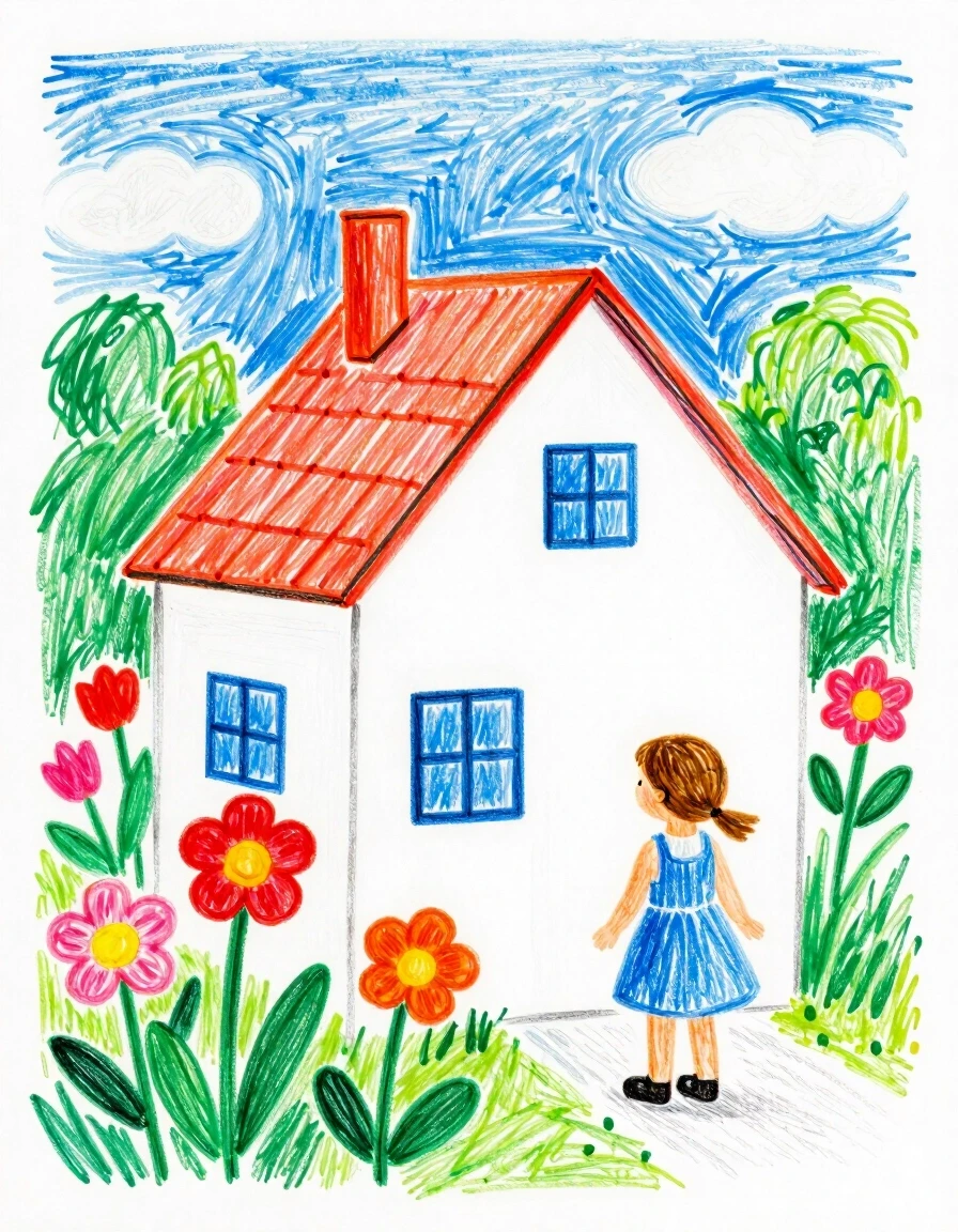 A masterpiece. Creating an image. ((The style is naive graphics in colored pencils. children's drawing of flowers, house, summer, golubonebo, little girl:1,6)). High…