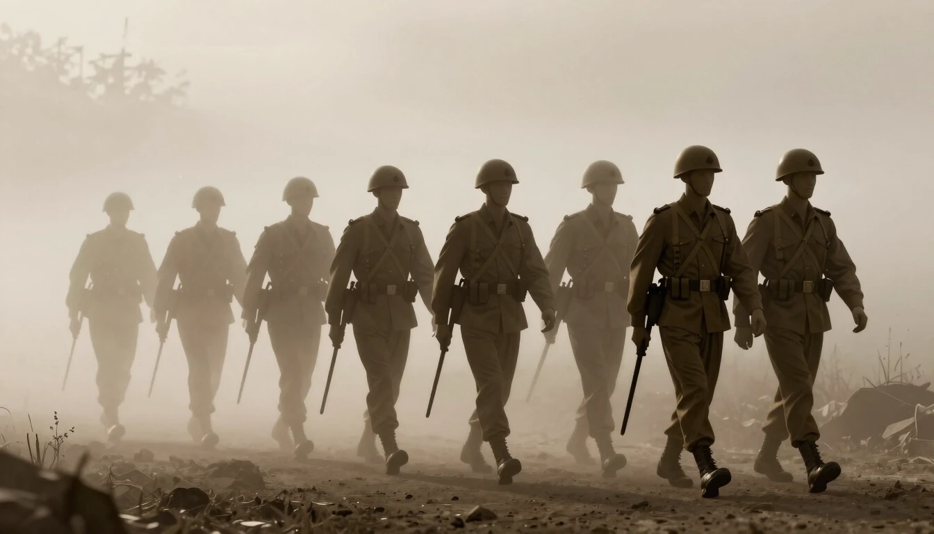 Conceptual image, phantom army silhouette of soldiers marching in fog, ghostly translucent effect, sepia tone — работа пользователя Необыкновенный Фенрир