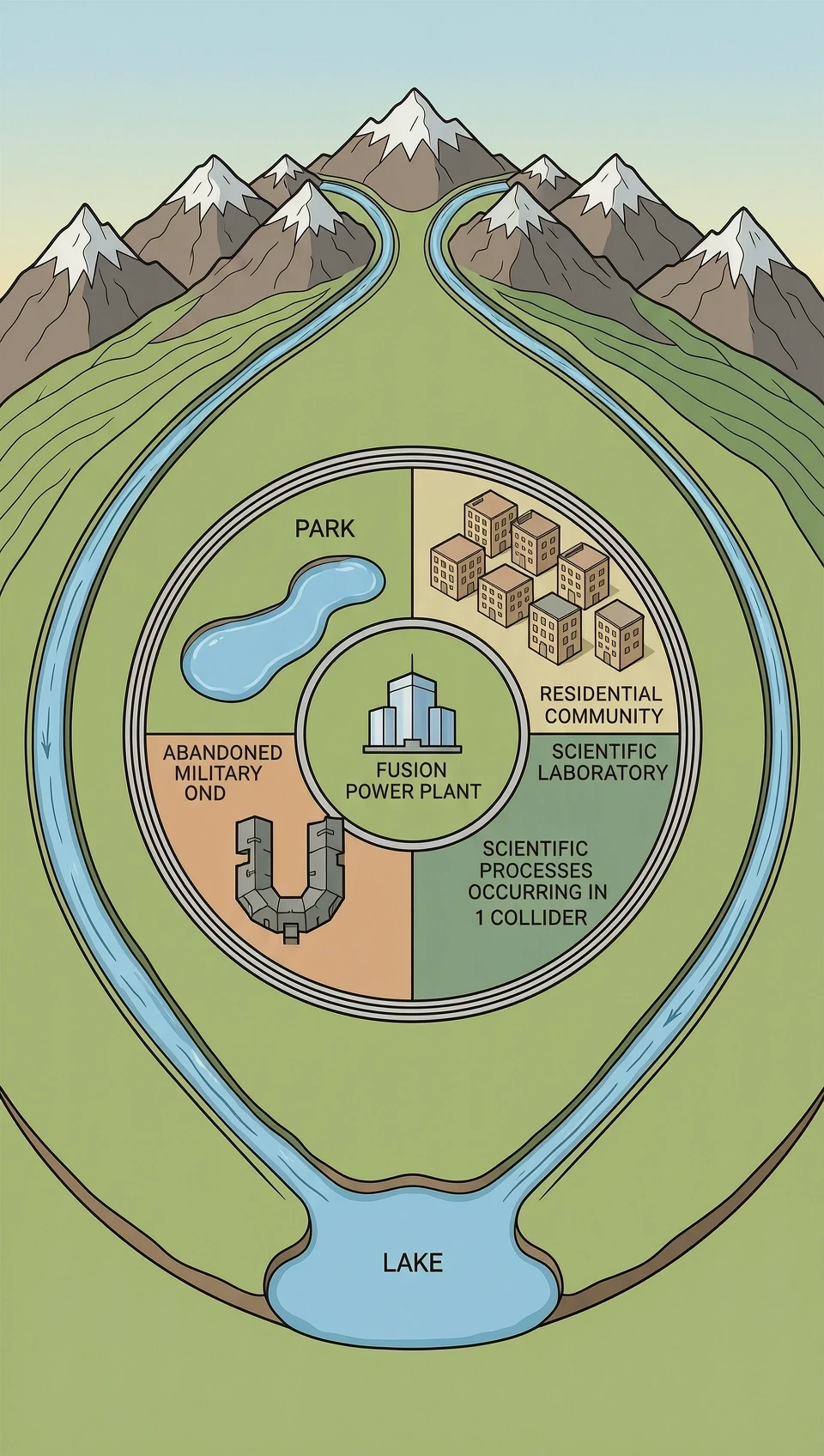 A world shaped like a closed torus (a donut-shaped world). The world is located in the plane of the torus's equator, bordered in the rear half by a mountain range that…