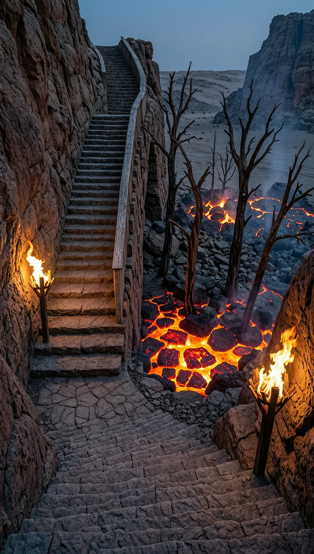 dark staircase, going down, narrowing downwards. There, at the bottom is a stony desert, lava, charred trees, reflections of tongues of flame on the stones. — работа…