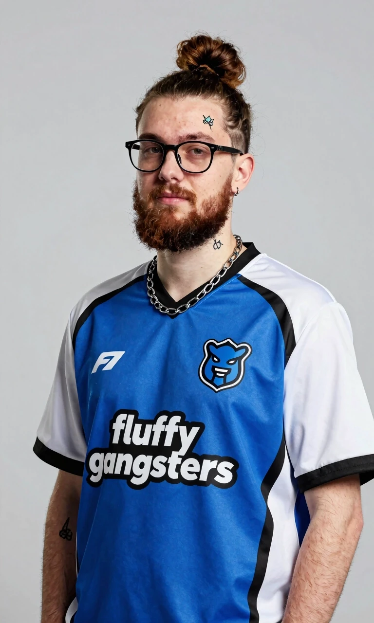 Create a cyber sports club player with a small tattoo, glasses, and a beard. Hair is styled in a fluffy bun, and a chain is worn around the neck. The player is dressed in the…