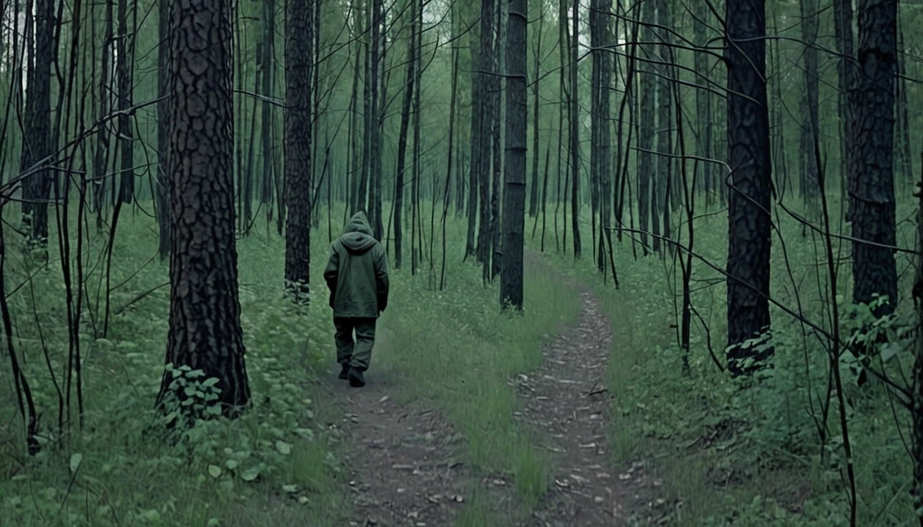 Зона. Густой лес. Сталкер идет по тропинке — работа пользователя Искристая Дифракция