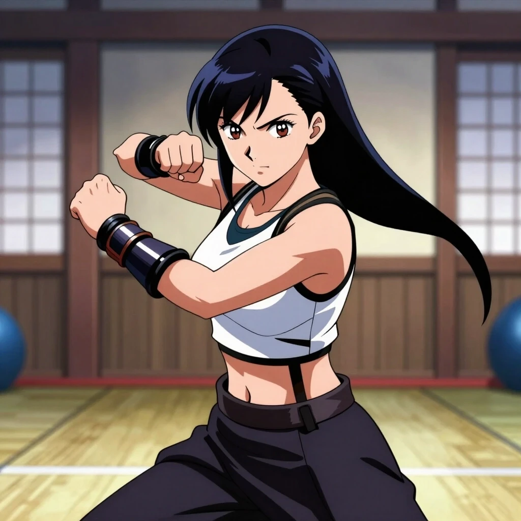 Tifa Lockhart, practicing with a combat staff in a dojo, anime art — работа пользователя Солнечный Лазурь
