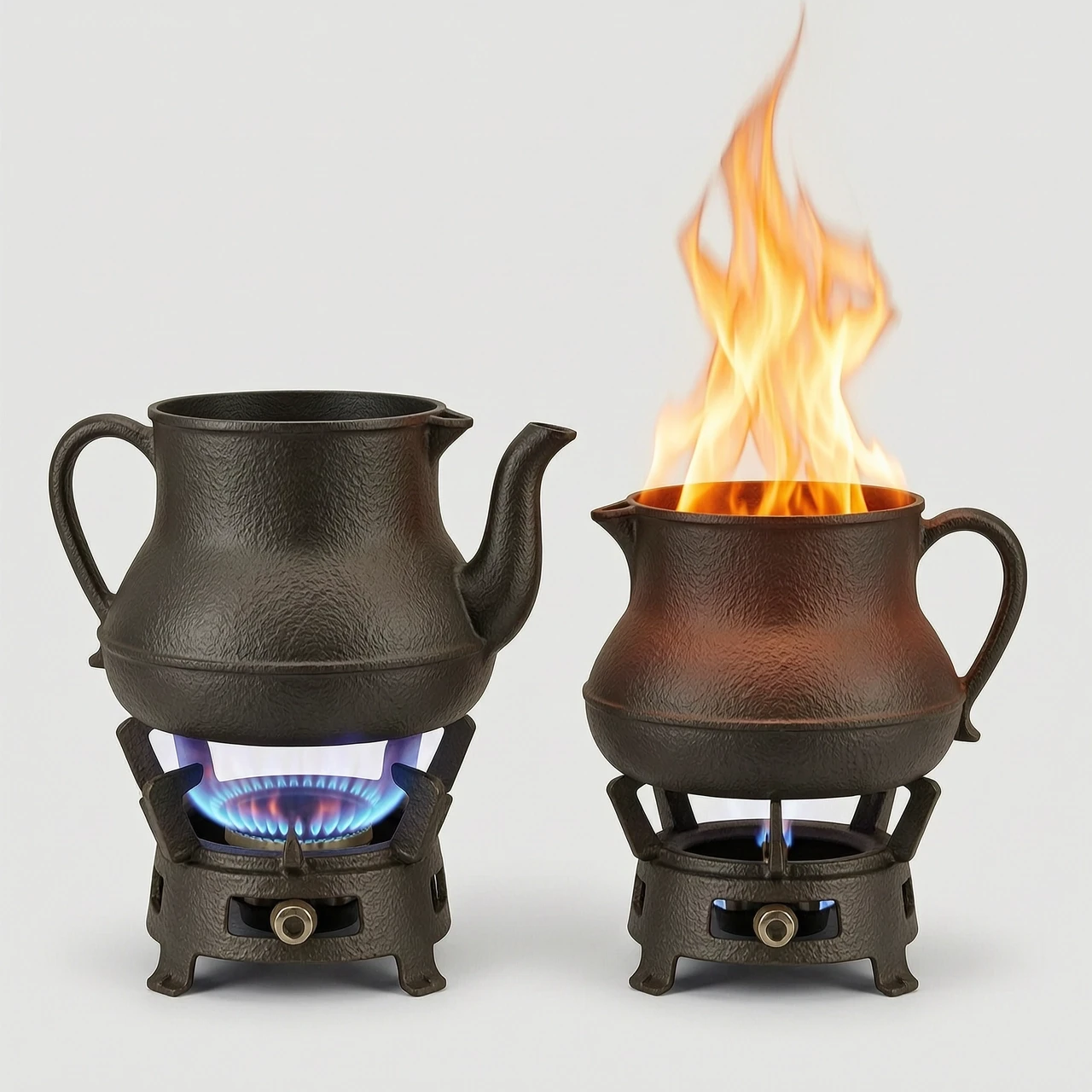 two identical cast iron colored jugs with flat bottoms, no handles or spouts, on a white background. The first is heated from below by a gas burner, the second has no gas from…