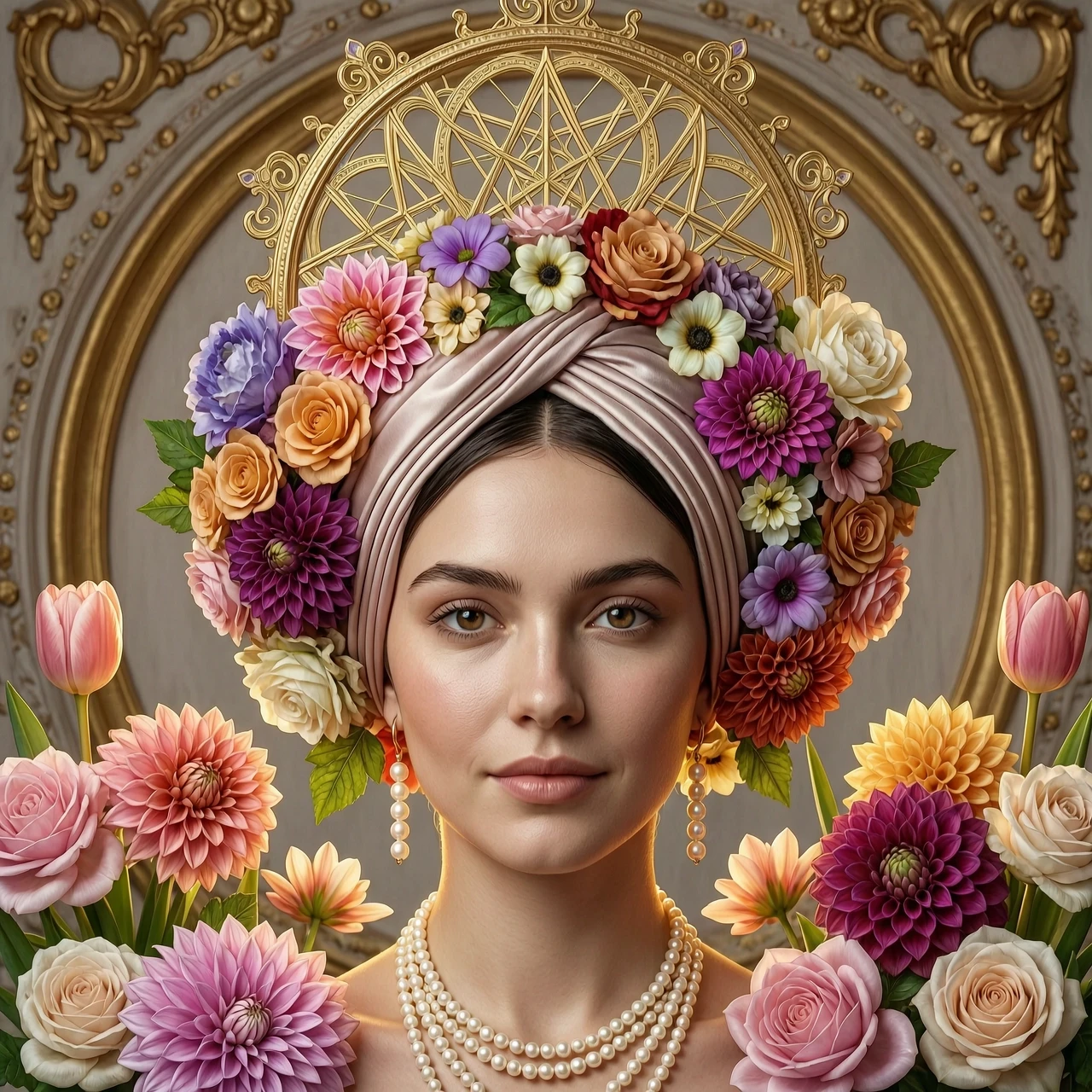 a close-up portrait of a gorgeous nice sexy flirty lovely lust expression arous tenderness girl in front of an ornate rococo mandala wearing a huge elaborate detailed ornate…