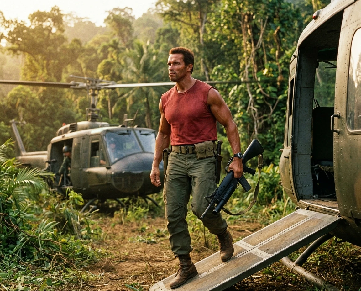 Arnold Schwarzenegger as Dutch from Predator (1987), stepping off a military helicopter, wearing a red sleeveless shirt and tactical green pants, looking intensely at the dense…