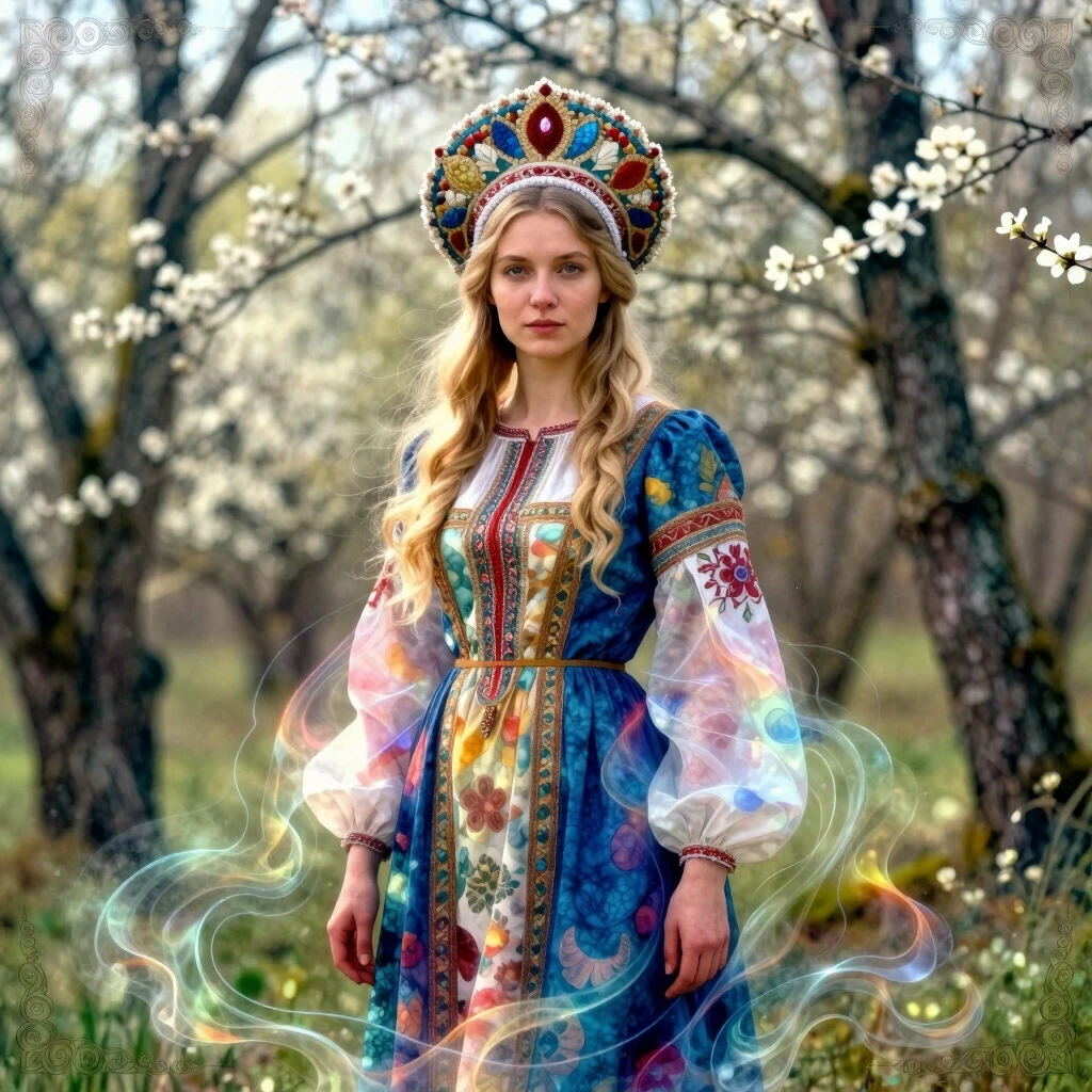 Russian woman: A detailed portrait of a young woman of Slavic appearance from the 16th century in a traditional long Russian sundress and a traditional Russian headdress, with…