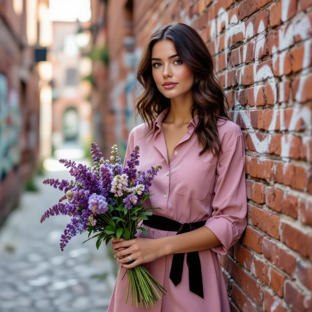 A young woman with wavy dark brown hair and freckles stands against an old brick wall on a narrow city alley. She wears a dusty pink shirtdress with an asymmetrical hem and a…