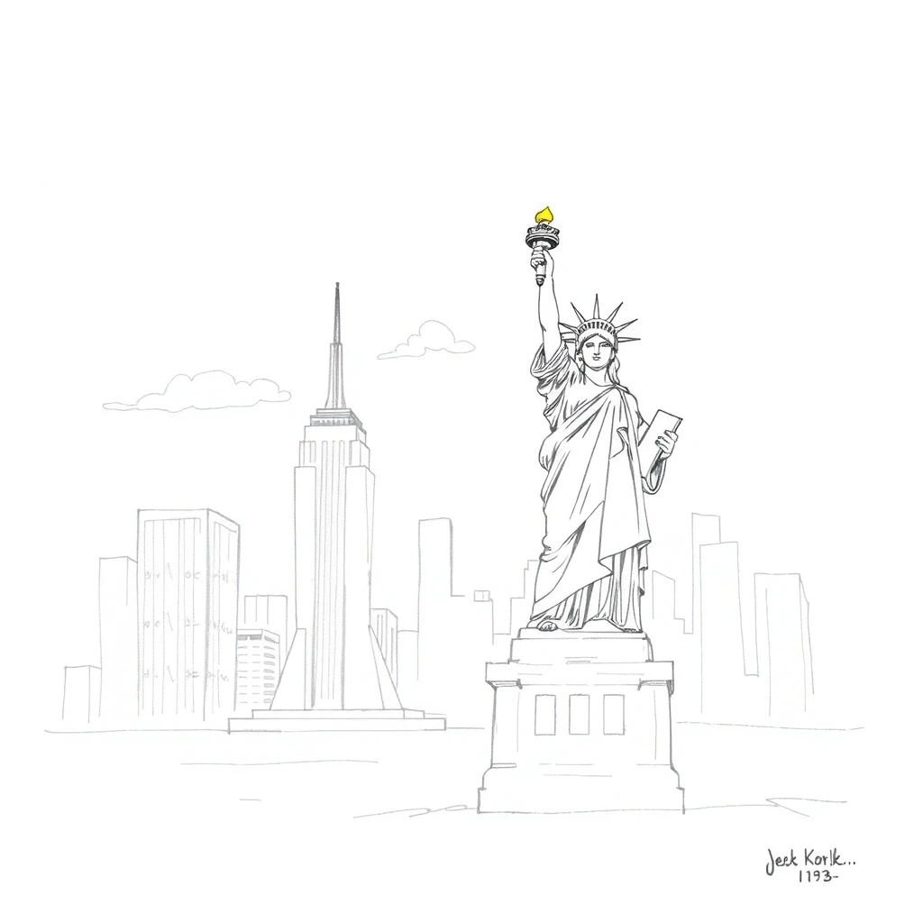 Statue of Liberty, New York in the background: simple pencil sketch, only lines and contours, white background, like in a children's book, monochrome. — работа пользователя…