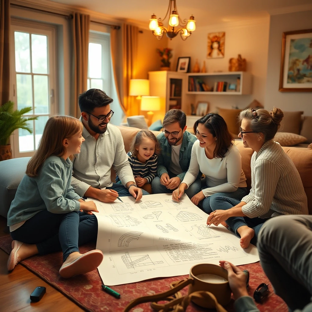 A family sitting on the floor in a cozy living room, gathered around a large sheet of paper. They are planning trips, dreams, and projects for the next five years — drawing,…