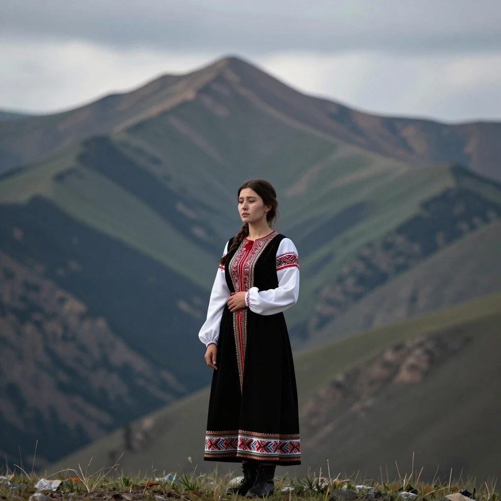 Красивый пейзаж горы Ирендек в Башкортостане, грустная красивая молодая женщина башкирка в старинном башкирском платье стоит на подножье горы. — работа пользователя Лилия Кликич