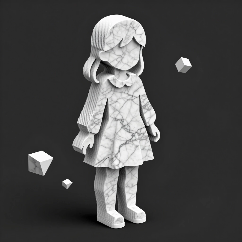 Silhouette of girl constructed from horizontal stacked 3D printing layers, FDM layer lines clearly visible, contour map style, marble texture, isometric view, floating geometric…