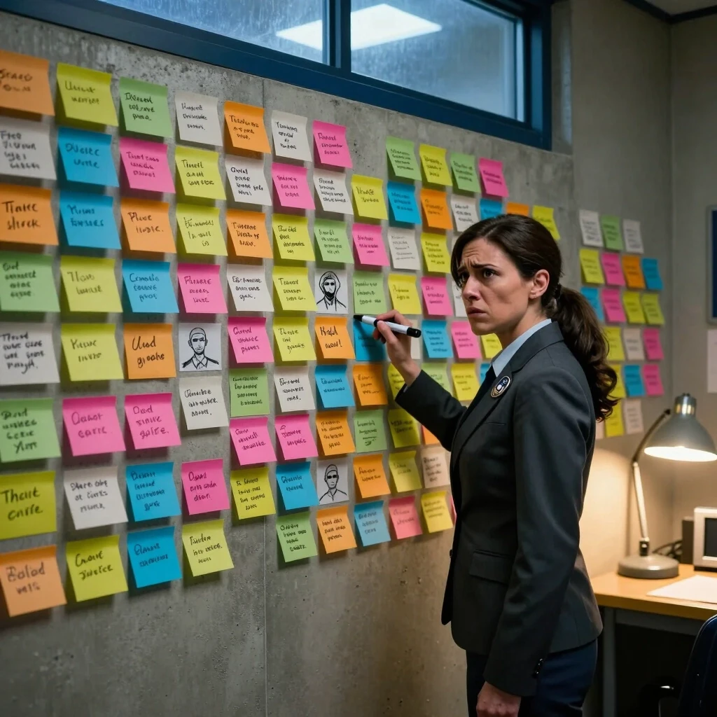 Prompt: A realistic, wide-angle interior shot, 8k. A dimly lit police precinct room. A concrete wall is completely covered in a mosaic of colorful sticky notes, each with…