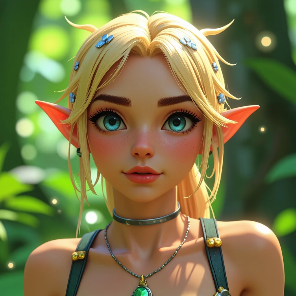 Disney-style 3D animation render of a beautiful young female elf healer, close-up portrait focusing on head and shoulders. She has radiant, glowing blonde hair adorned with…