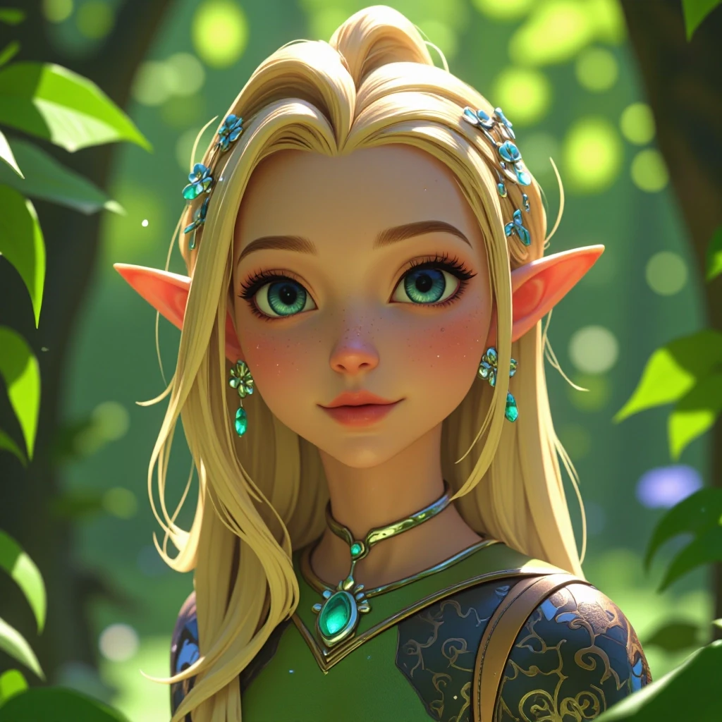 Disney-style 3D animation render of a beautiful young female elf healer, close-up portrait focusing on head and shoulders. She has radiant, glowing blonde hair adorned with…