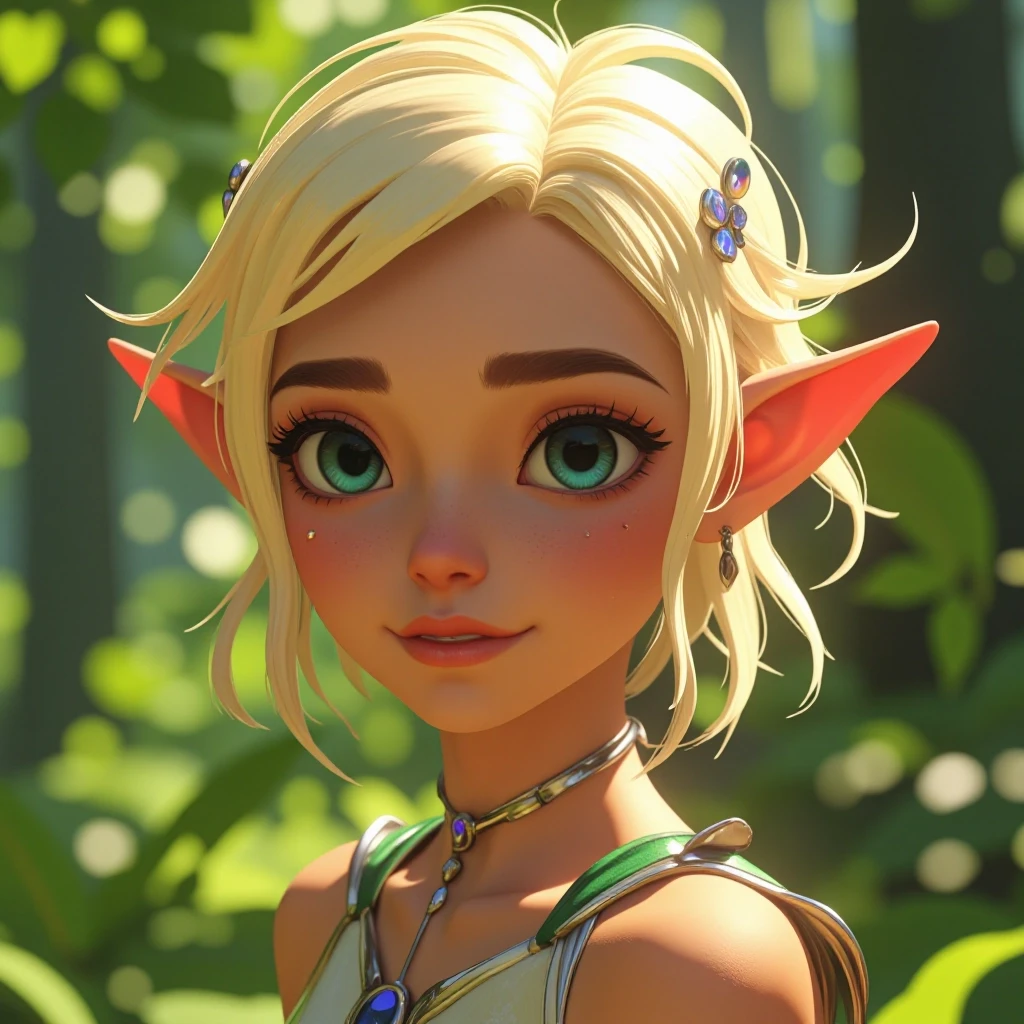 Disney-style 3D animation render of a beautiful young female elf healer, close-up portrait focusing on head and shoulders. She has radiant, glowing blonde hair adorned with…