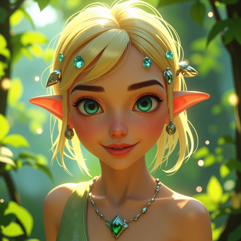 Disney-style 3D animation render of a beautiful young female elf healer, close-up portrait focusing on head and shoulders. She has radiant, glowing blonde hair adorned with…