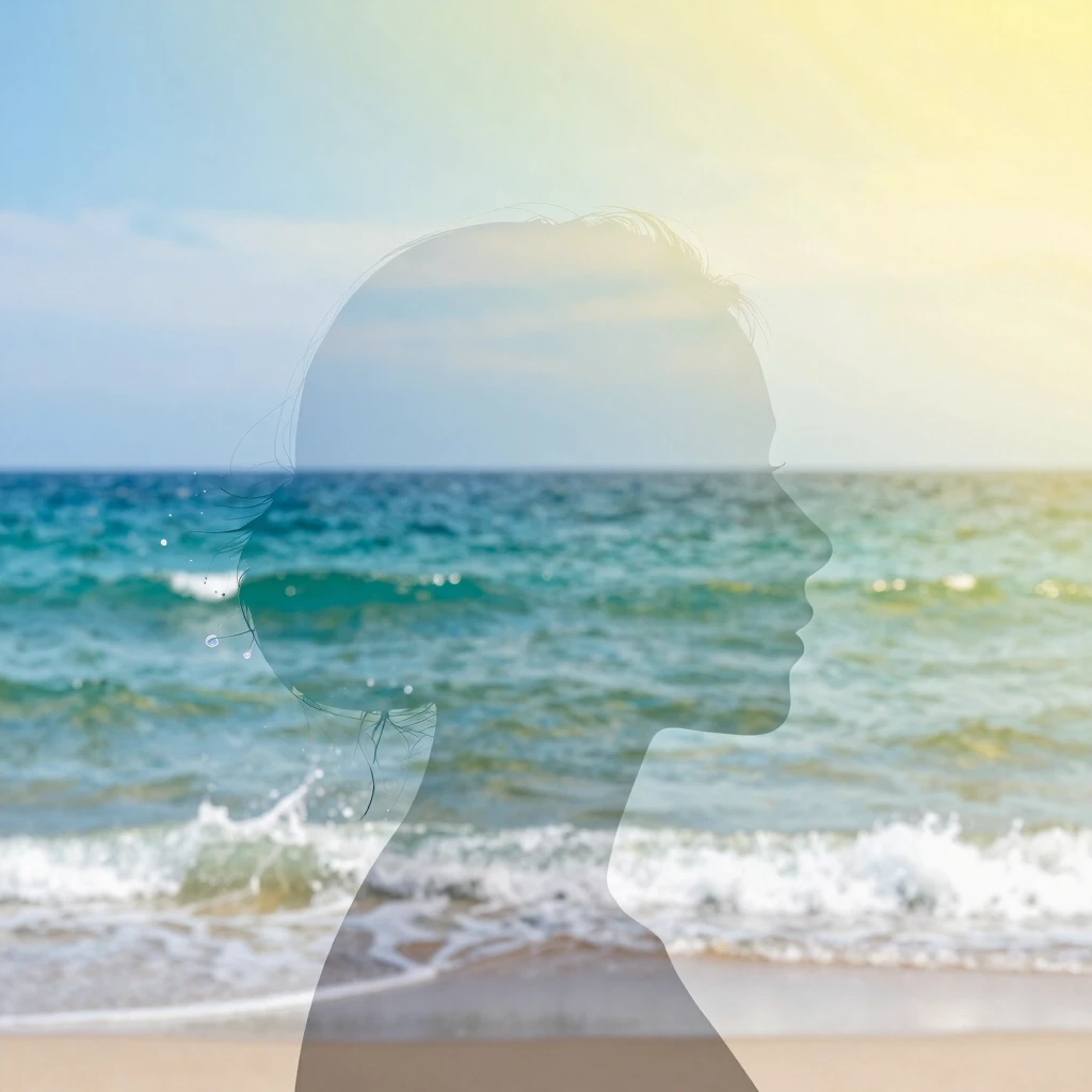 (Double exposure: 1,9). Abstract background (soft colors, marine theme). Seascape (waves, clear water, splashes) inside transparent silhouette of girl's profile. Dissolving…