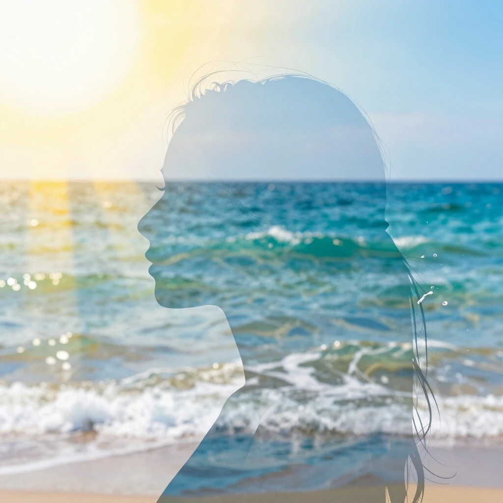 (Double exposure: 1,9). Abstract background (soft colors, marine theme). Seascape (waves, clear water, splashes) inside transparent silhouette of girl's profile. Dissolving…