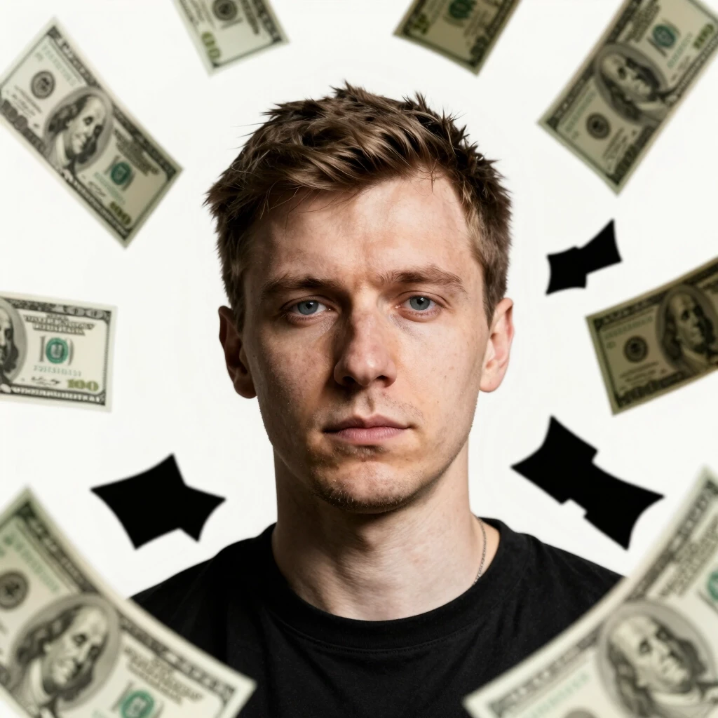 a close up of a poster with money flying around it, dmitry prozorov style, album cover — работа пользователя Экстремальная Вспышка