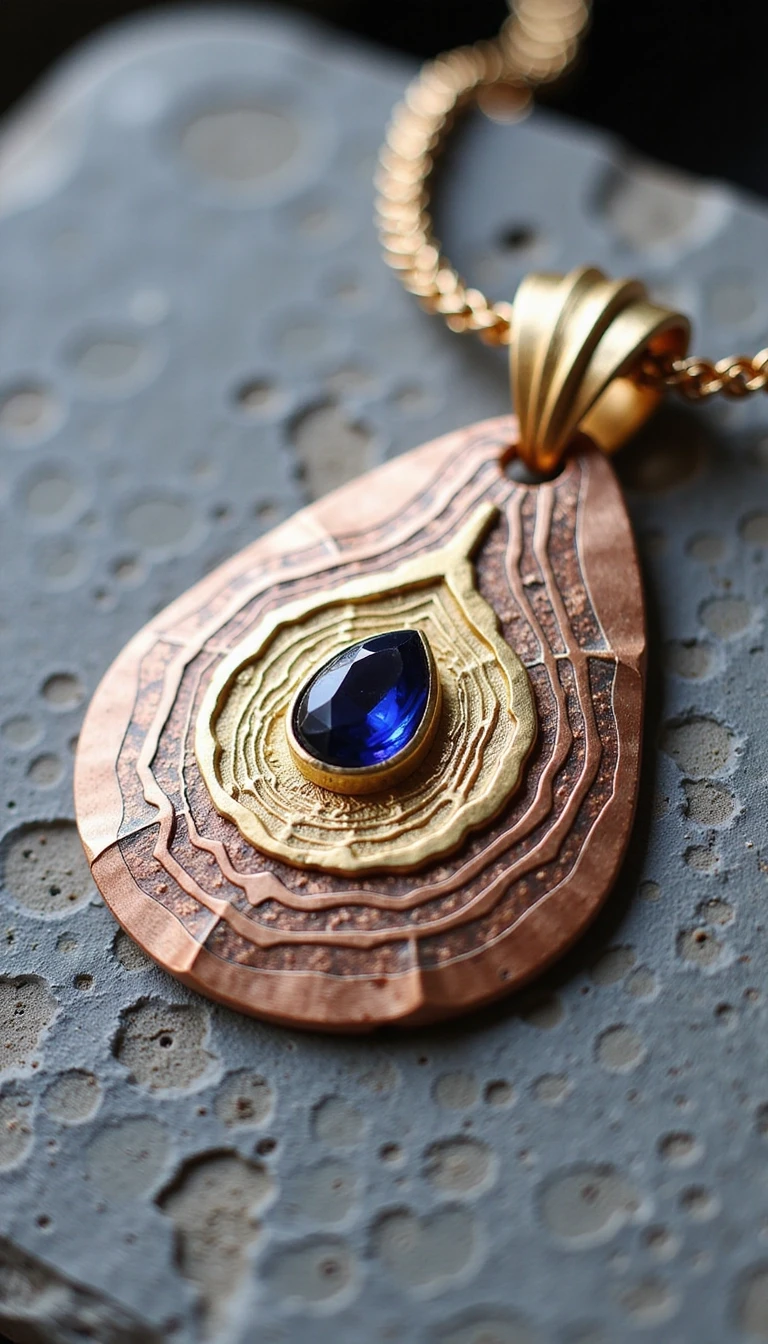 An elegant avant-garde pendant made of Mokume-gane metal art. Layers of copper, shibuichi, and yellow gold creating organic wavy lines. In the center, a deep blue sapphire is…