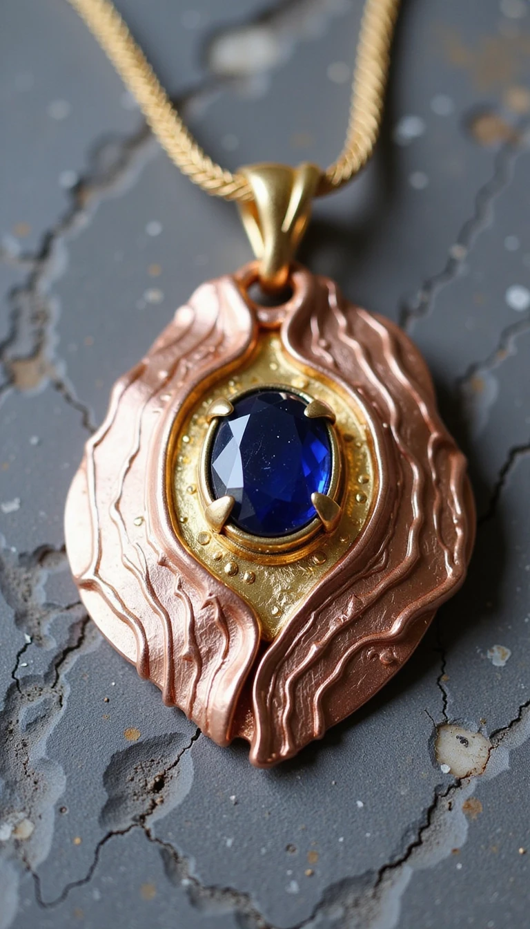 An elegant avant-garde pendant made of Mokume-gane metal art. Layers of copper, shibuichi, and yellow gold creating organic wavy lines. In the center, a deep blue sapphire is…
