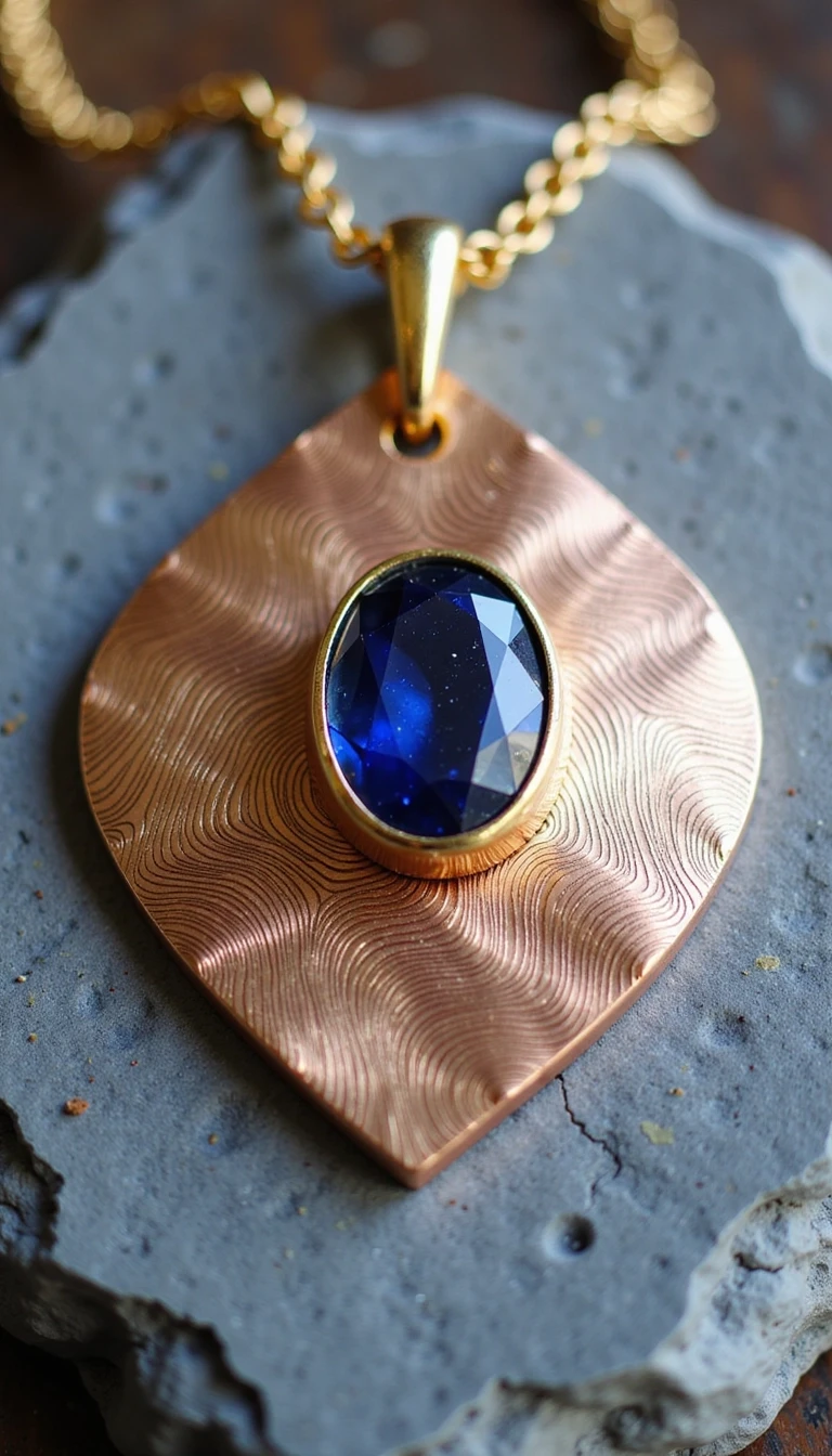 An elegant avant-garde pendant made of Mokume-gane metal art. Layers of copper, shibuichi, and yellow gold creating organic wavy lines. In the center, a deep blue sapphire is…