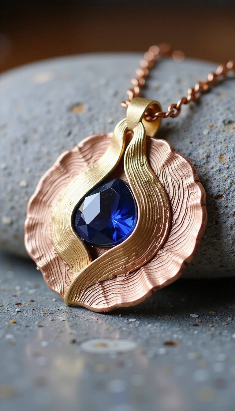 An elegant avant-garde pendant made of Mokume-gane metal art. Layers of copper, shibuichi, and yellow gold creating organic wavy lines. In the center, a deep blue sapphire is…