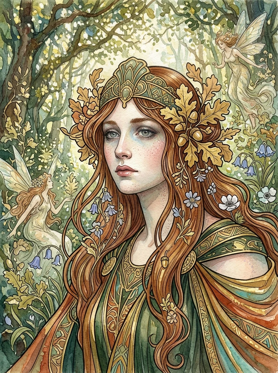 A real masterpiece. How artificial intelligence would depict: (Aesthetics: Impressionism. The image is made in watercolor technique. Art Deco and forest nymphs). Intense…