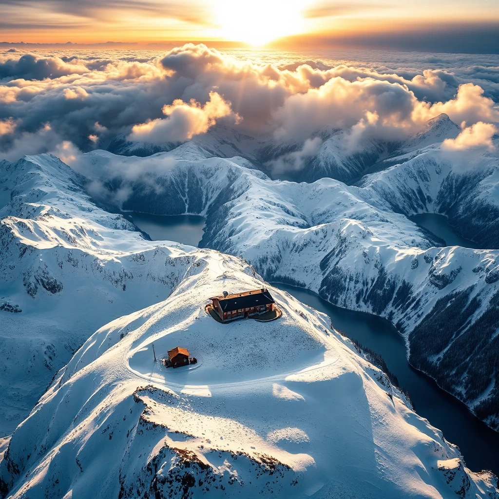 A breathtaking aerial view of endless snow-covered mountains surrounding a single remote hotel, frozen lakes, untouched wilderness, dramatic clouds, golden sunrise,…
