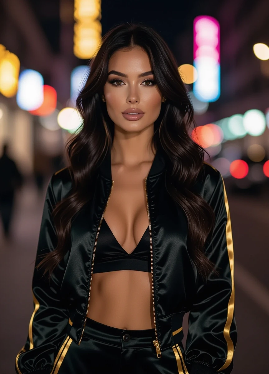 A close-up portrait of a stunning woman, featuring her slender figure, wavy long black hair cascading down her back, and captivating brown eyes that seem to sparkle in the dim…