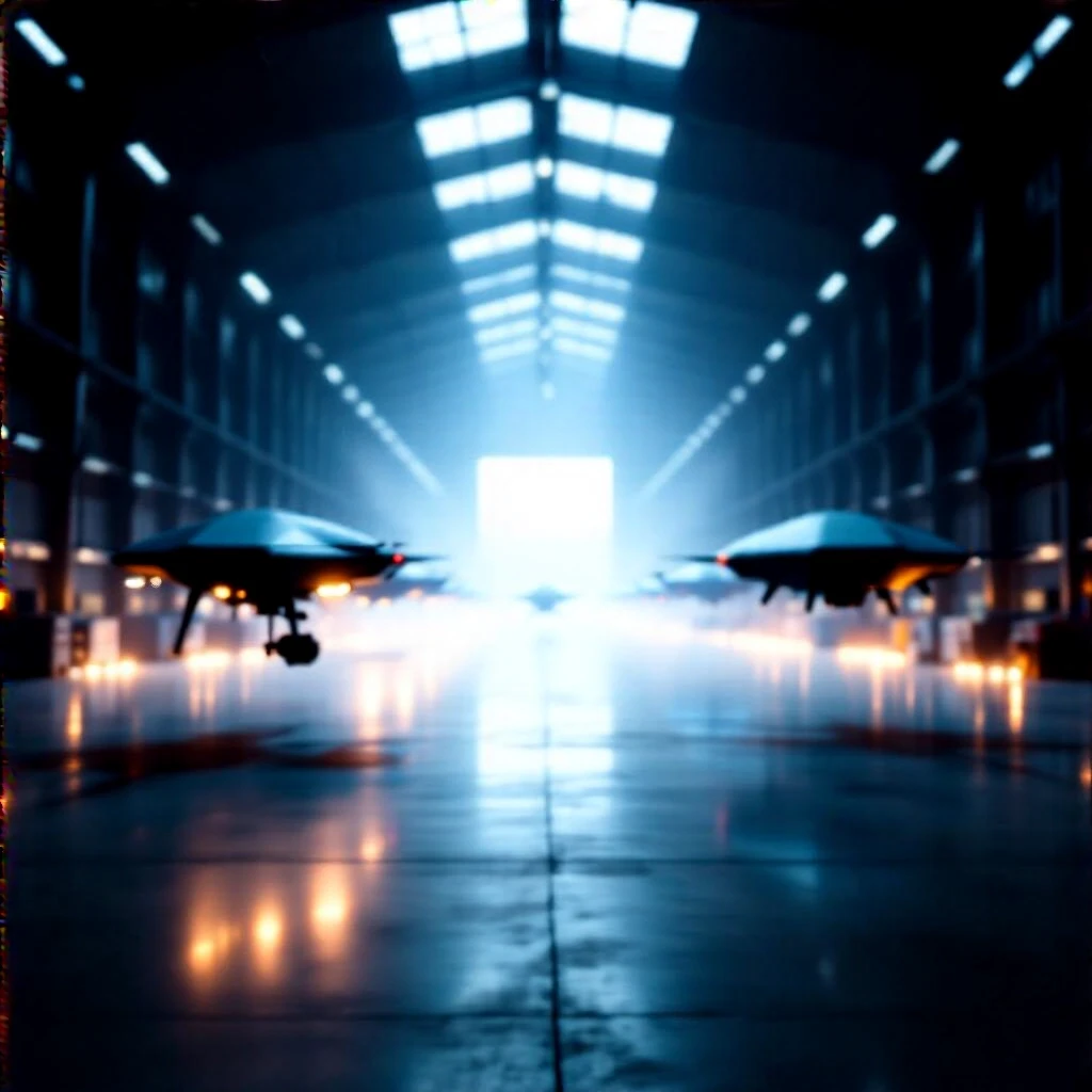 Inside a seemingly endless massive warehouse, so large that the far walls are lost in haze and shadow. High ceilings with industrial lighting. In the distance, large drone…