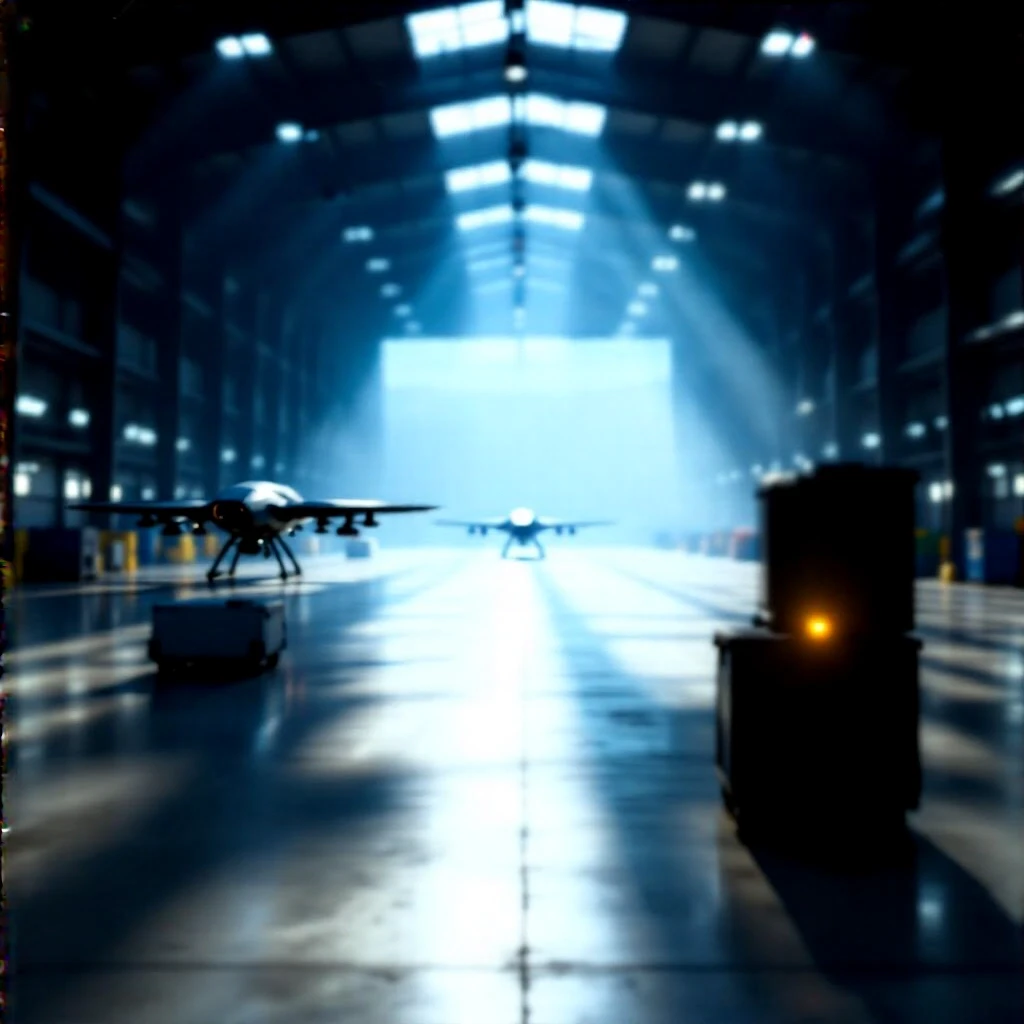 Inside a seemingly endless massive warehouse, so large that the far walls are lost in haze and shadow. High ceilings with industrial lighting. In the distance, large drone…