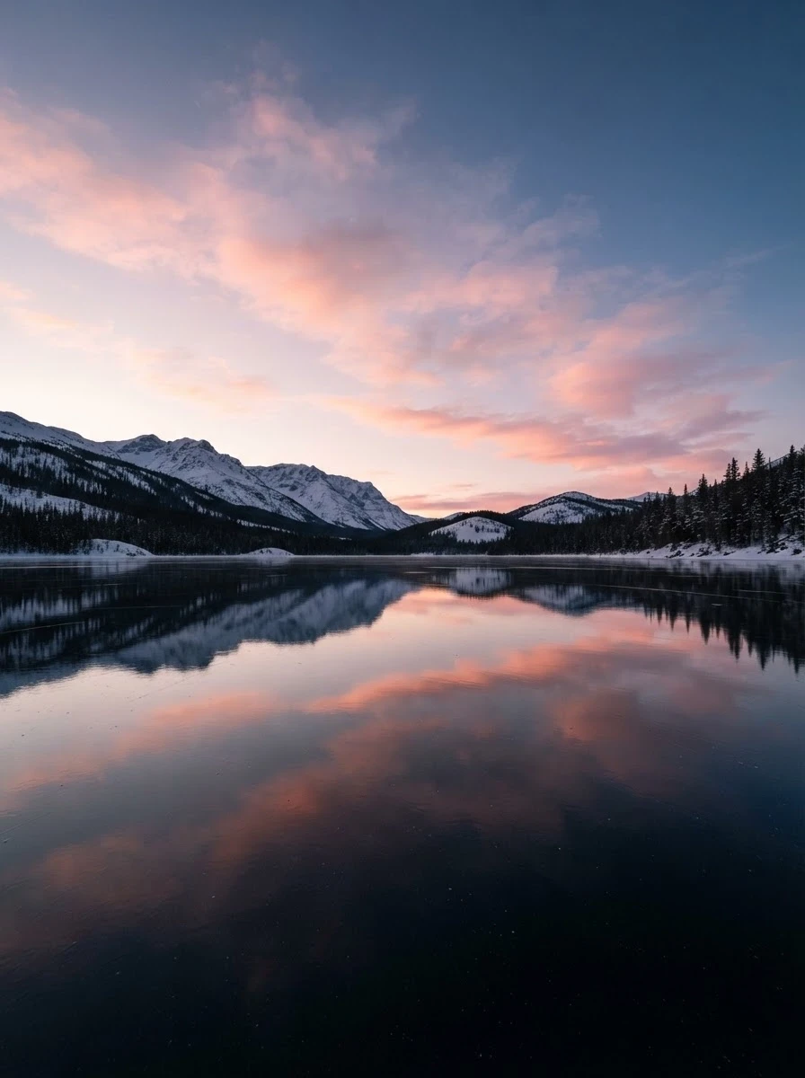 Generate in Pro-quality: A vast, empty frozen lake reflecting a pale pink winter sunset, perfect mirror surface, absolute silence, emotional and peaceful, photorealistic, 8k…