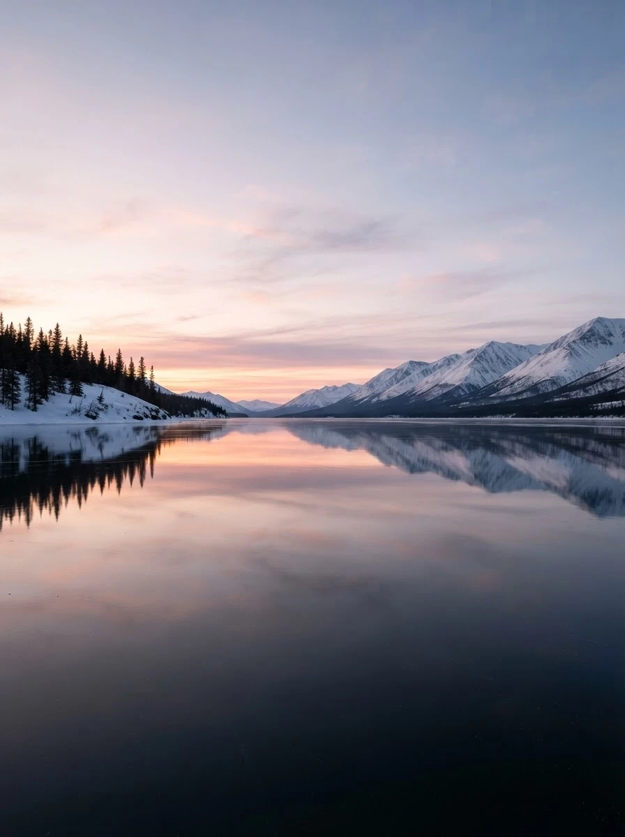Generate in Pro-quality: A vast, empty frozen lake reflecting a pale pink winter sunset, perfect mirror surface, absolute silence, emotional and peaceful, photorealistic, 8k…