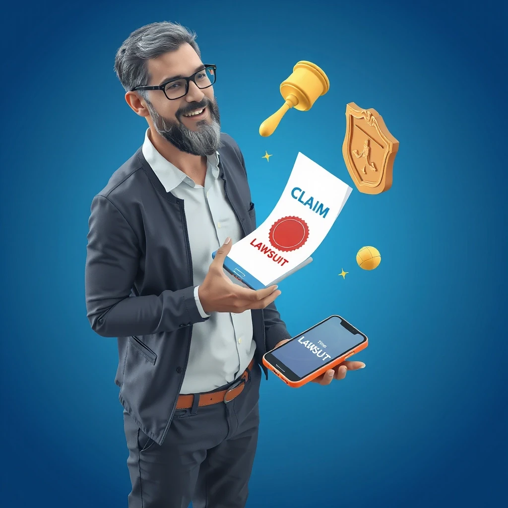 Isometric 3D illustration, middle-aged man standing relaxed, holding a smartphone in his hand, a bright 3D document with a seal and text "CLAIM" and…