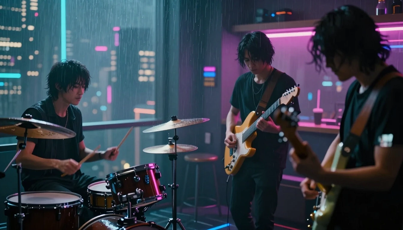 «Cinematic cyberpunk scene, Night City atmosphere. Slow camera drift from the cityscape into a cozy apartment where a band is playing: drummer on the left, two guitarists on the…