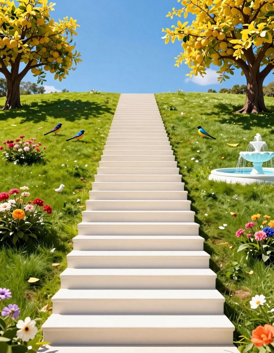A long, bright staircase ascends, narrowing. The staircase leads to paradise. A sunny meadow, blue sky, fruit trees, birds, flowers, fountains. Everything is permeated with…