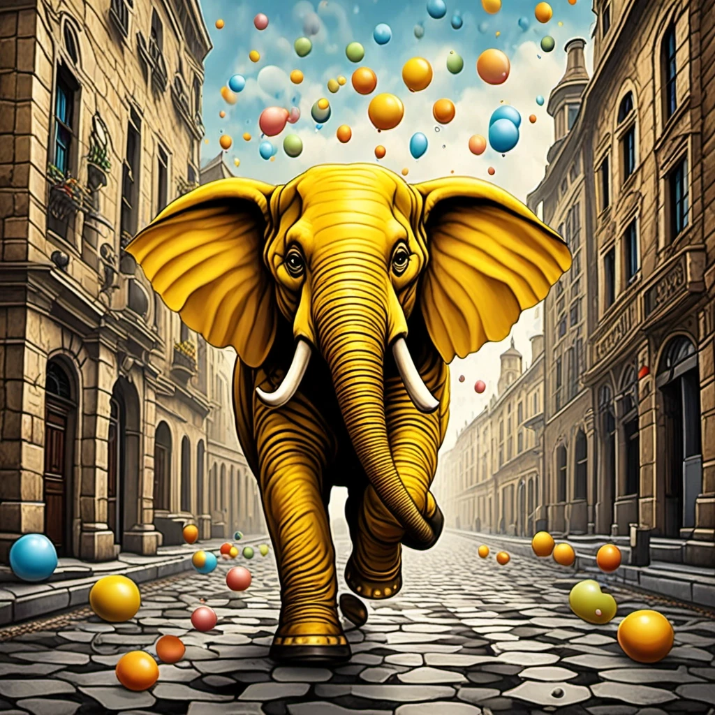 A huge yellow checkered elephant with leather wings is joyfully jumping on the stone pavement in black boots, surrounded by floppy-eared creatures in pointed hats blowing soap…