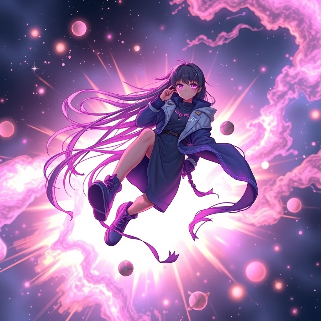 A beautiful space wanderer girl flying through a glowing nebula, long hair floating in zero gravity, glowing eyes. Ethereal light, cosmic energy patterns around her, anime…
