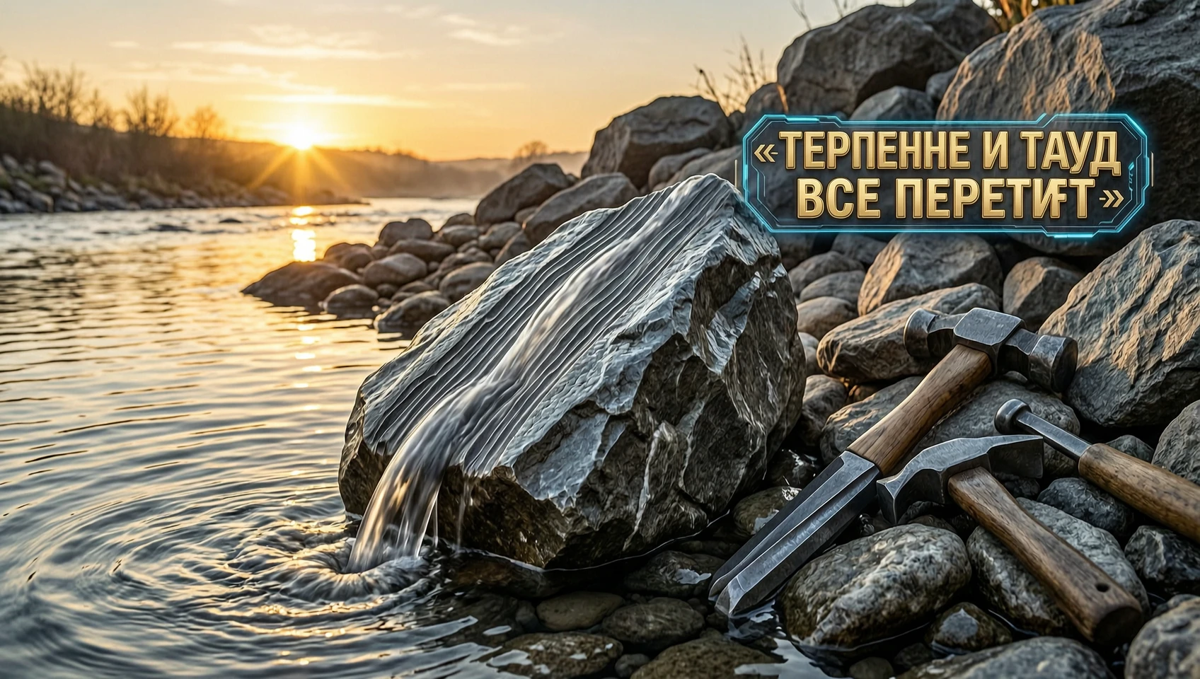 генерировать изображение по пословице: «Терпение и труд всё перетрут» Стиль: киберпанк Настроение: вдохновляющее, торжественное, упорство Фон: каменистый берег реки, вода…