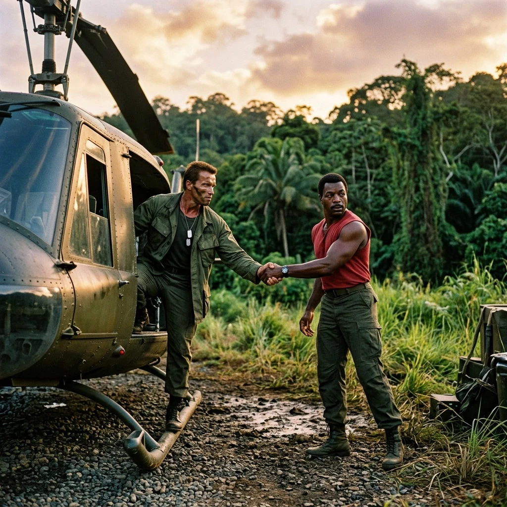 Arnold Schwarzenegger as Dutch from Predator (1987), stepping off a military helicopter, shakes hands with Dillon, wearing a red sleeveless shirt and tactical green pants,…