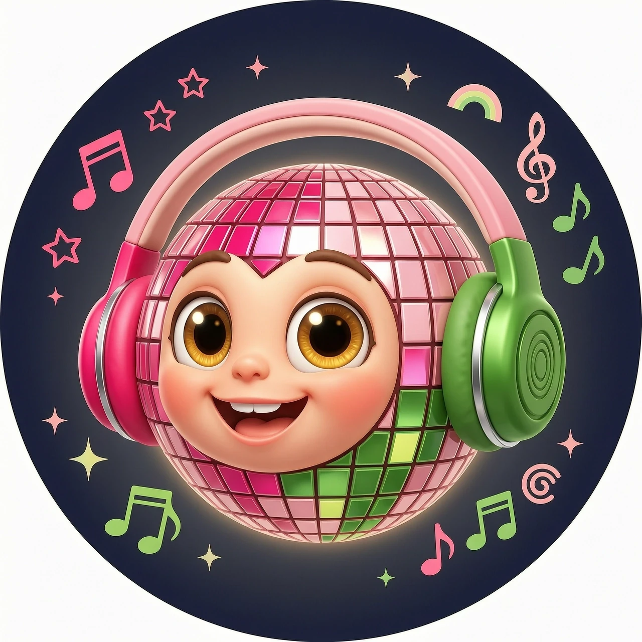 A vibrant, eye-catching circular 3D logo icon for a children's music channel. In the center, a cute and happy cartoon disco ball character with big expressive eyes and a…