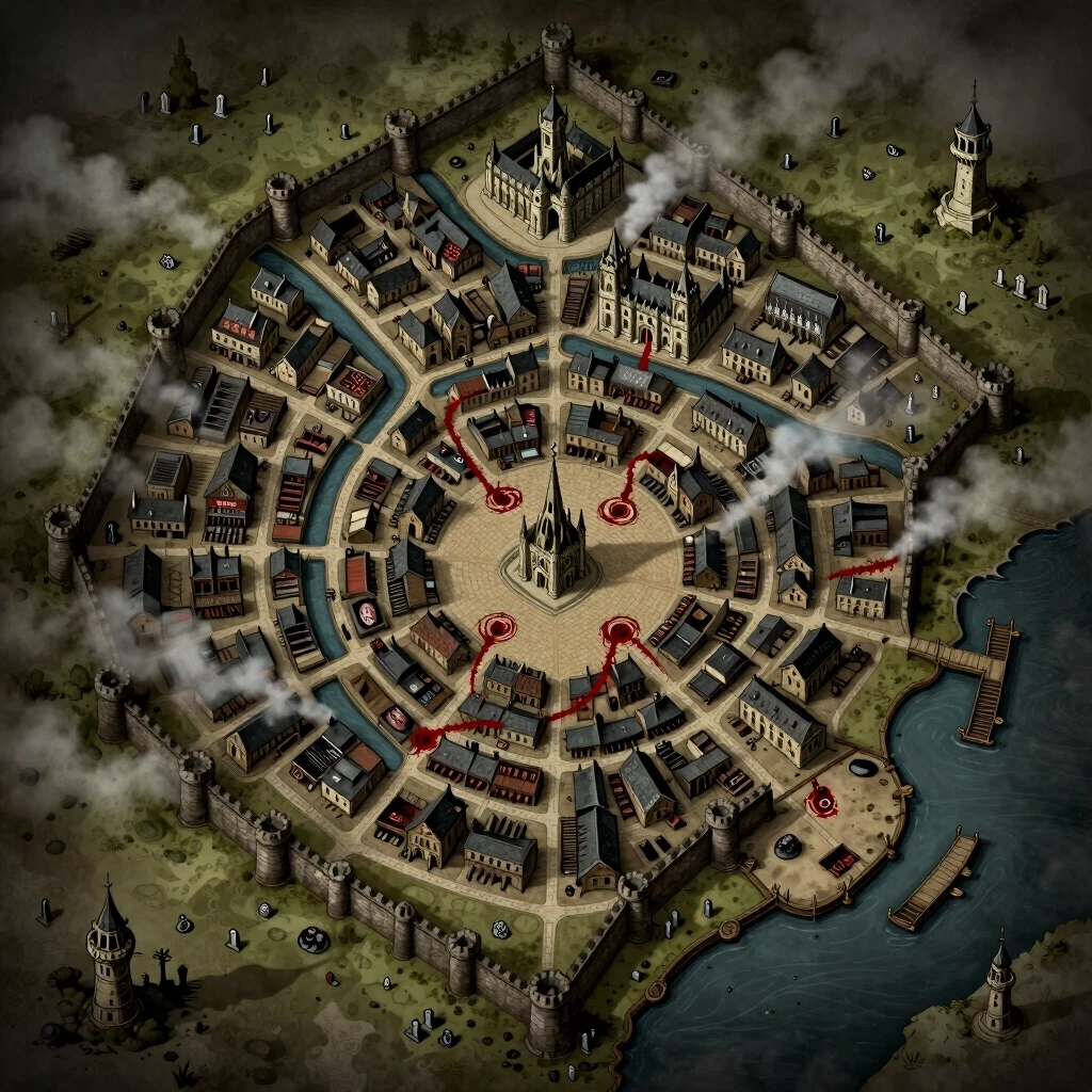 A detailed dark fantasy city map for a tabletop RPG campaign. The city is called Greymoor and is divided into districts. The Upper City is in the north, protected by a high…