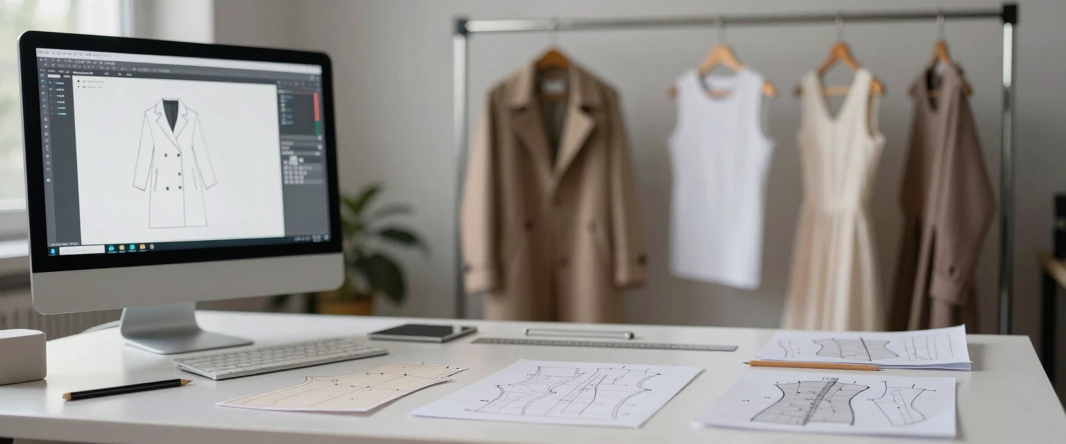 Photorealistic, frontal view of a clothing pattern design bureau. Foreground: a matte white desk with neatly arranged paper sewing patterns, transparent plastic drafting rulers…