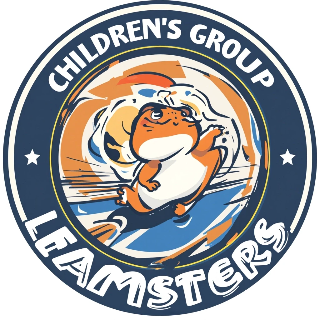 A modern, sleek round logo for a kids' sports team named "Hamsters". A vector illustration of a fast, smiling hamster running forward inside a circular badge. The…