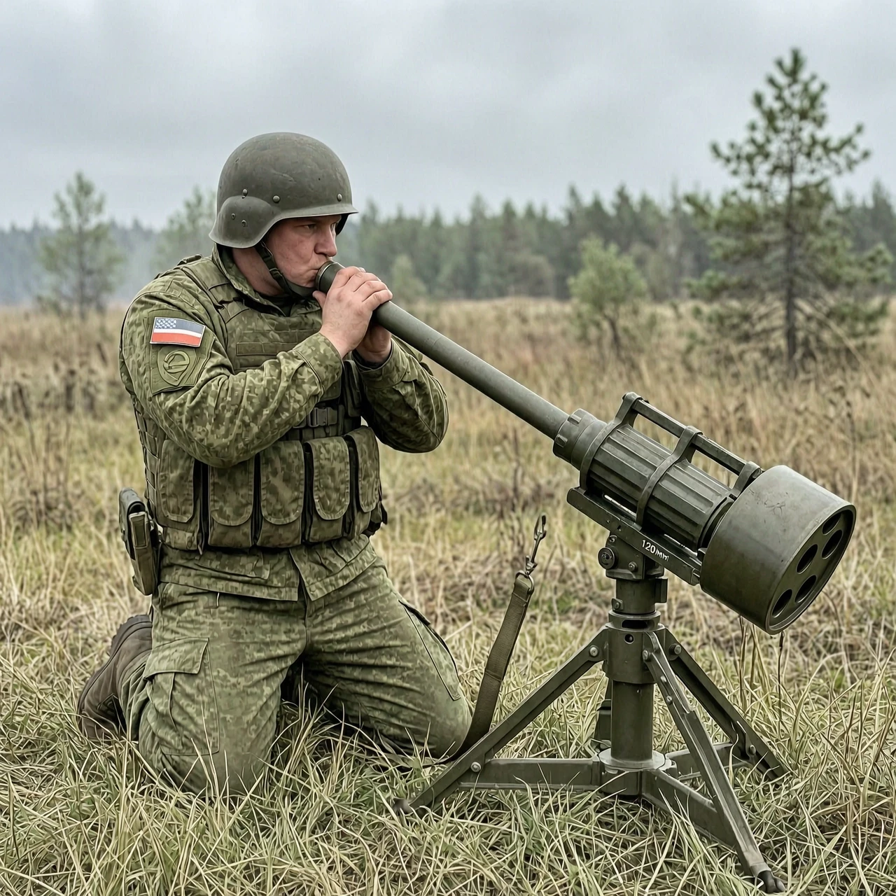 Боец русский в шлеме на поляне суёт 120 мм. мину в ствол большого миномёта — работа пользователя Ледяной Феномен