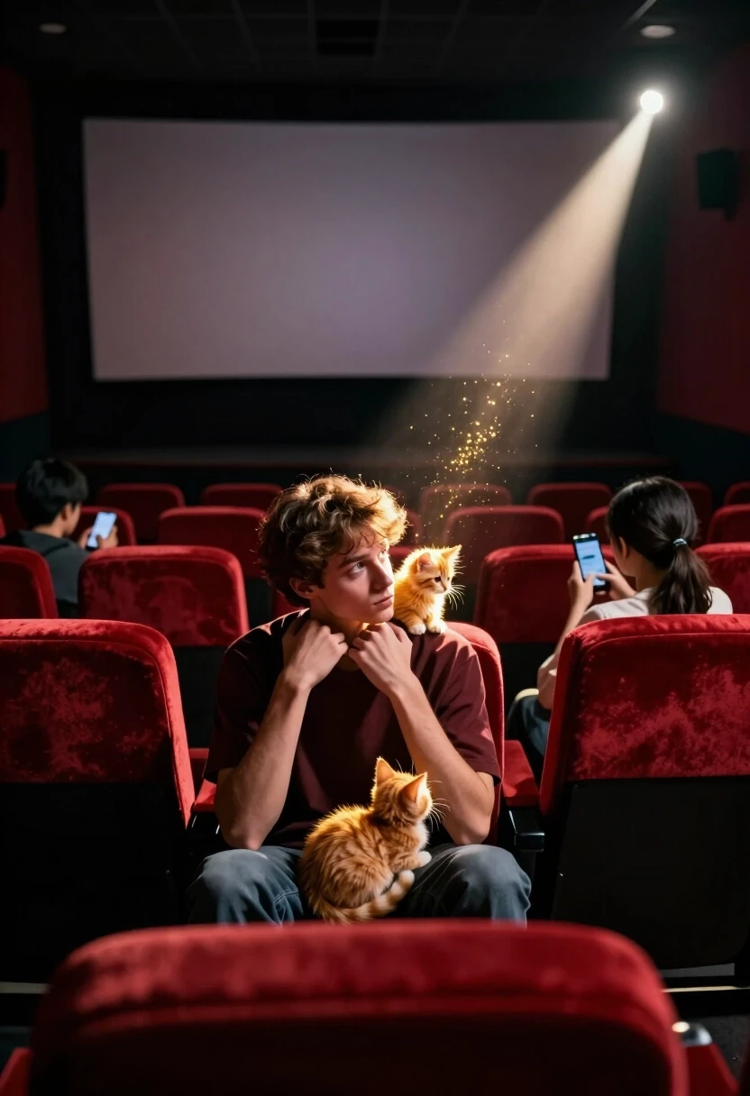 Photorealistic cinematic shot, 8K, Octane render, soft natural lighting. A medium-wide shot from behind the last row of seats, looking down the aisle towards the empty screen.…
